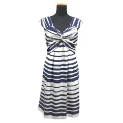 良品 BRAHMIN ブラーミン ボーダー柄 フロントノット ワンピース ノースリーブ ドレス バックジップ SIZE38 ブルー系  レディース 古着 中古 USED