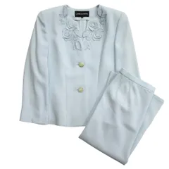 LAPINE BLANCHE ラピーヌブランシュ セットアップ ノーカラー ジャケット ロング スカート 刺繍 装飾 セレモニー 9号 ブルー レディース 古着 中古 USED