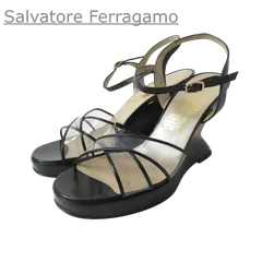 美品 SALVATORE FERRAGAMO サルヴァトーレフェラガモ サイズ6C 約23.5cm サンダル パンプス オープントゥ ウェッジソール アンクルストラップ 黒 ブラック レディース