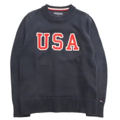 良品 TOMMY HILFIGER トミーヒルフィガー USA ニット セーター カットソー クルーネック 長袖 S 紺 ネイビー系 メンズ 古着 中古 USED