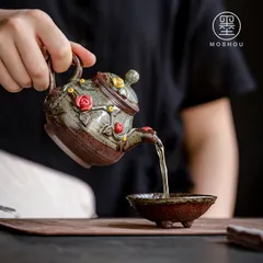 【新品未使用】柴焼窯変急須手作りつまみ花彩花韻急須岩鉱材質工夫茶道手持ち茶器