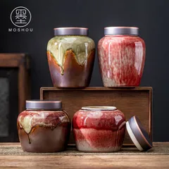 【新品未使用】アンティーク茶筒、陶器製ジャー、粗陶器製密閉瓶（釉薬付き）、茶保存瓶