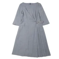 良品 FOXEY フォクシー サイドベルト プリーツ ワンピース アシンメトリー ボートネック 七分袖 ドレス 38 グレー レディース 古着 中古 USED