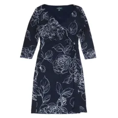 美品 LAUREN RALPH LAUREN ローレンラルフローレン 花柄 ワンピース 七分袖 ハーフ 膝丈 カシュクール ストレッチ 8P ネイビー レディース 古着 中古 USED