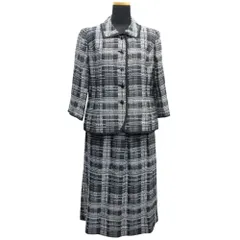 良品 Leilian レリアン セットアップ ツイード ジャケット 七分袖 スカート フレア ビジュー ラメ 薄手 フォーマル 黒 × 白 レディース 古着 中古 USED