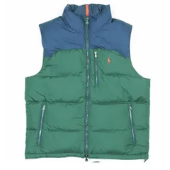 美品 POLO RALPH LAUREN ポロラルフローレン バイカラー ダウンベスト ロゴ刺繍 ジャケット アウター ジップアップ L 紺 緑 メンズ 古着 中古 USED