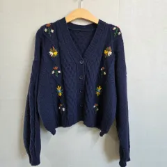 レディース フラワー 刺繍 ネイビー カーディガン F