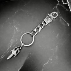 【重厚47g】フル装飾ストーン キーチェーン 11cm シルバー調 キーリング クリップ式 メンズ バイカー ストリート インポートアクセ