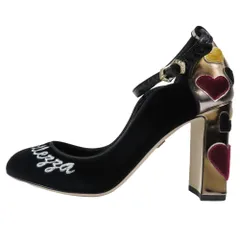 未使用 DOLCE&GABBANA ドルチェ＆ガッバーナ ベロア パンプス アンクルストラップ ハートモチーフ 刺繍 37.5 ブラック ゴールド レディース 古着 中古 USED