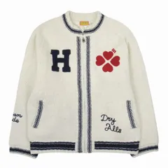 極美品 25aw ヒューマンメイド HUMAN MADE ZIP-UP KNIT JACKET ジップアップ ニット ジャケット ロゴ ハート刺繍 キルティング裏地 ブルゾン カーディガン 羽織 XXL アイボリー ネイビー/メンズ
