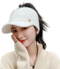 DeerLuxe つば付きレディースニットきゃっぷ ごるふにっと帽子 ウインターサンバイザー 保温にっと帽子 ロングヘア対応ニット帽子 サンバイザー型ニット帽 寒さ対策 耳当て付き (A.アイボリー,  Free Size)