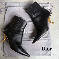 Christian Dior クリスチャンディオール ポインテッドトゥ レザー ショートブーツ サイドジップ 黒 ブラック ゴールド チャンキーヒール 35 22cm