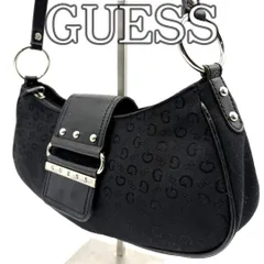 GUESS ゲス キャンバス ワンショルダーバッグ ブラック ロゴ総柄 横長 ハーフムーン シルバー金具 コンパクト 肩掛け Y2K 平成 ギャル アーカイブ レトロ ミニバッグ