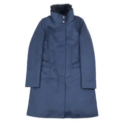 美品 Herno ヘルノ カシミヤ100％ スタンドカラーコート ロング ジャケット アウター フォックスファー 42 ネイビーブルー レディース 古着 中古 USED
