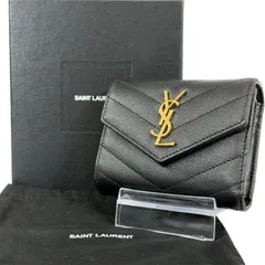【人気・美品】Yves Saint Laurent イヴ サンローラン キャビアスキン カサンドラ コンパクト ウォレット 三つ折り 財布 ゴールド金具 692061 ブラック 黒色 YSL Vステッチ キルティング レザー 本革 箱付き メンズ レディース