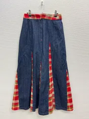 20.デニムスカート　リメイク　ロング　レディース　チェック　赤　Sサイズ　Mサイズ