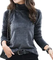 Haberry(ハベリィ) ベロア 調 タートルネック レディース 長袖 トップス 暖かい 無地 カジュアル カットソー (グレー,  M)