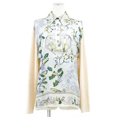 HERMES エルメス ヴィンテージ シャツ ツイルレーヌシャツ NEIGE D'ANTAN 去年の雪 ハイゲージ ニット × シルク コンビネーション プルオーバー ロングスリーブ 長袖 トップス レディース サイズ M サックスブルー イタリア製のサムネイル