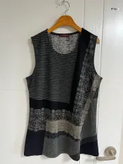 (日本 ヴィンテージ)ニット ベスト Long ラウンド カジュアル ブラック バイカラー XL