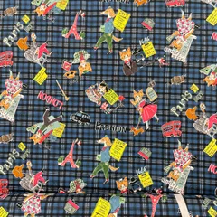 S-961 YUWA 猫と犬 チェック柄 青 1m