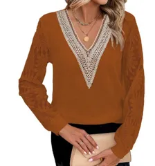 【ダークブラウン】Vネック ブラウス レース袖 レーススリーブ レディース トップス フェミニン 長袖 透け感 きれいめ 上品 春 秋 オフィス カジュアル