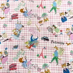 S-962 YUWA 猫と犬 チェック柄 ピンク 1m