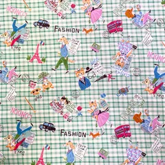 S-963 YUWA 猫と犬 チェック柄 黄緑 1m