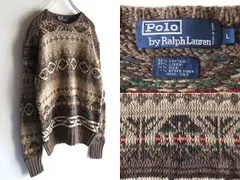 希少 90sビンテージ Polo by Ralph Lauren ラルフローレン HAND KNIT 手編み コットン リネン シルク ネイティブ柄 ハンドニット セーター L フェアアイル柄