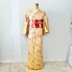 ウール着物　初心者セット　ウール着物・名古屋帯・帯締め　帯揚げセット　黄　ベージュ　からし色　秋色　ヴィンテージ着物　japan kimono 　　#きもの猫田　T443