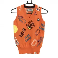 【超美品】ホーンガーメント ニットベスト オレンジ×マルチカラー 総柄 マークアンドロナ Vネック レディース M ゴルフウェア MARK＆LONA