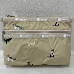 8568　良品　LeSportsac　レスポートサック　 ポーチ　小物入れ　コスメケース　 2ZIP　ブリードオブキャット　猫　キャット　刺繍　ベージュ系　 ナイロン　軽量　レディース