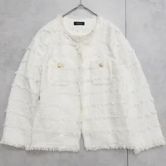BARNEYS NEWYORK　バーニーズニューヨーク　ノーカラージャケット　ツイード　フリンジ　胸ポケット　金ボタン　コットン　レーヨン　日本製　レディース　36　b00134