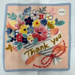 8590　美品　FEILER　フェイラー　ハンカチ　 ハンドタオル　LOVERARY　ラブラリー　 サンキューブーケ　花柄　花束　ラメ　 ペールアプリコット　ピンク　水色　 シュニール織り　シール付き　レディース