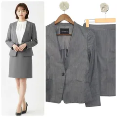 green label relaxing(グリーンレーベルリラクシング)  [手洗い可能] CRTW セヌキ ノーカラー カラーレス セットアップスーツ(ジャケット＆スカート) グレー36/34 (29,000円)