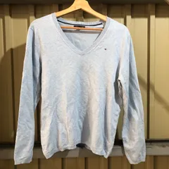 1577 TOMMY HILFIGER セーター 水色 L トミーヒルフィガー ニット コットン ワンポイント 刺繍ロゴ 古着卸 アメリカ仕入