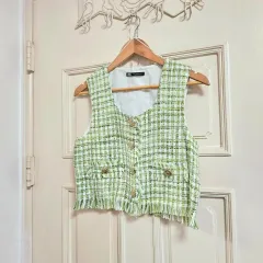 ザラ ツイード ベスト グリーン