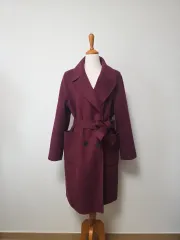 ベルト ウール 裏地なし コート ワイン色