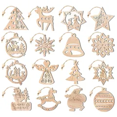 クリスマスツリー オーナメント 木製 北欧 クリスマス オーナメント 飾り 紐付き サンタ 雪の結晶 トナカイ 雪だるま 天使 ベル クリスマスツリー 飾り 装飾 ギフトタグ 16個セット