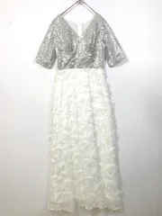 美品 EightSTAR Dress エイトスタードレス dr1811-25 パーティードレス ロング丈 主役 演奏会 舞台 衣装 スパンコール 袖あり ワンピース 白×シルバー ■■レディース