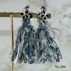 No.486 パール　フラワー　ブルーグレー　タッセル　ピアス/イヤリング