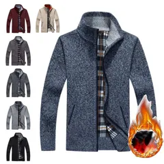 メンズ ジップアップ アウター 前開き 厚手 ゆったり カーディガン 裹起毛 ニットカーディガン ビジネス ニット ニットジャケット 裏ボア 黒 防寒 スタンドカラー 立ち襟 ニットセーター 防寒 あ#wunib1991