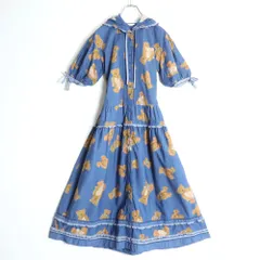 【美品】ピンクハウス★ギンガムパッチワーク♪くま柄フーディワンピース 青系 前開き はしごレースも♪z17330