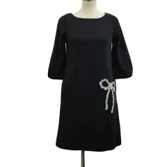 アナトリエ ANATELIER ワンピース チュニック Iライン ミニ ラウンドネック プルオーバー ウール メランジ モチーフ リボン ギャザー 七分袖 38 グレー 白 ホワイト