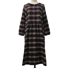 サマンサモスモス SM2 ワンピース シャツワンピ フレア ロング チェック 長袖 M 茶 紺 ブラウン ネイビー