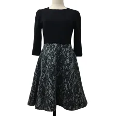 ユニバーバル ミューズ UNIVERVAL MUSE ワンピース フレア ミニ 切替 レース ナイロン 七分袖 黒 グレー ブラック