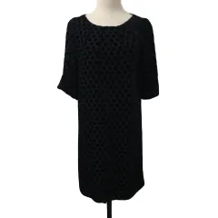 ストロベリーフィールズ STRAWBERRY-FIELDS ワンピース Iライン ミニ プルオーバー ドット 水玉 ベロア リボン 七分袖 黒 ブラック