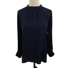 シップス SHIPS any シャツ ブラウス バンドカラー ギャザー 2WAY 無地 長袖 36 紺 ネイビー