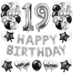 88枚 19歳 誕生日 飾り付け 風船セット 数字バルーン 組み合わせ 「HAPPY BIRTHDAY」ランド ハート風船 紙吹雪風船 ドットシール 装飾 パーティー お祝い サプライズ シルバー＆ブラック 男の子 女の子