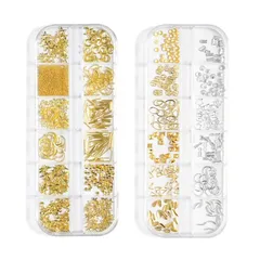 YFFSFDC ネイルパーツ ３本セット 金属パーツ ネイルデザイン アクセサリー デコパーツ 四角 三角 丸 パール フレークパーツ ネイルアート ネイルスタッズ ネイル デコレーション ゴールドネイルパーツセット (B)