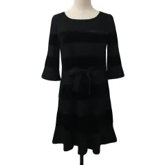 ストロベリーフィールズ STRAWBERRY-FIELDS ワンピース フレア ミニ ボーダー ベロア 七分袖 黒 ブラック